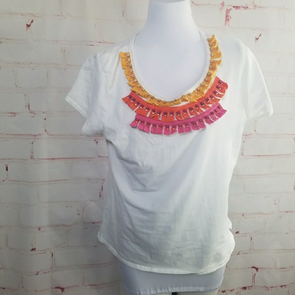 3/$25 Ruby Rd white tee colorful tassles beads